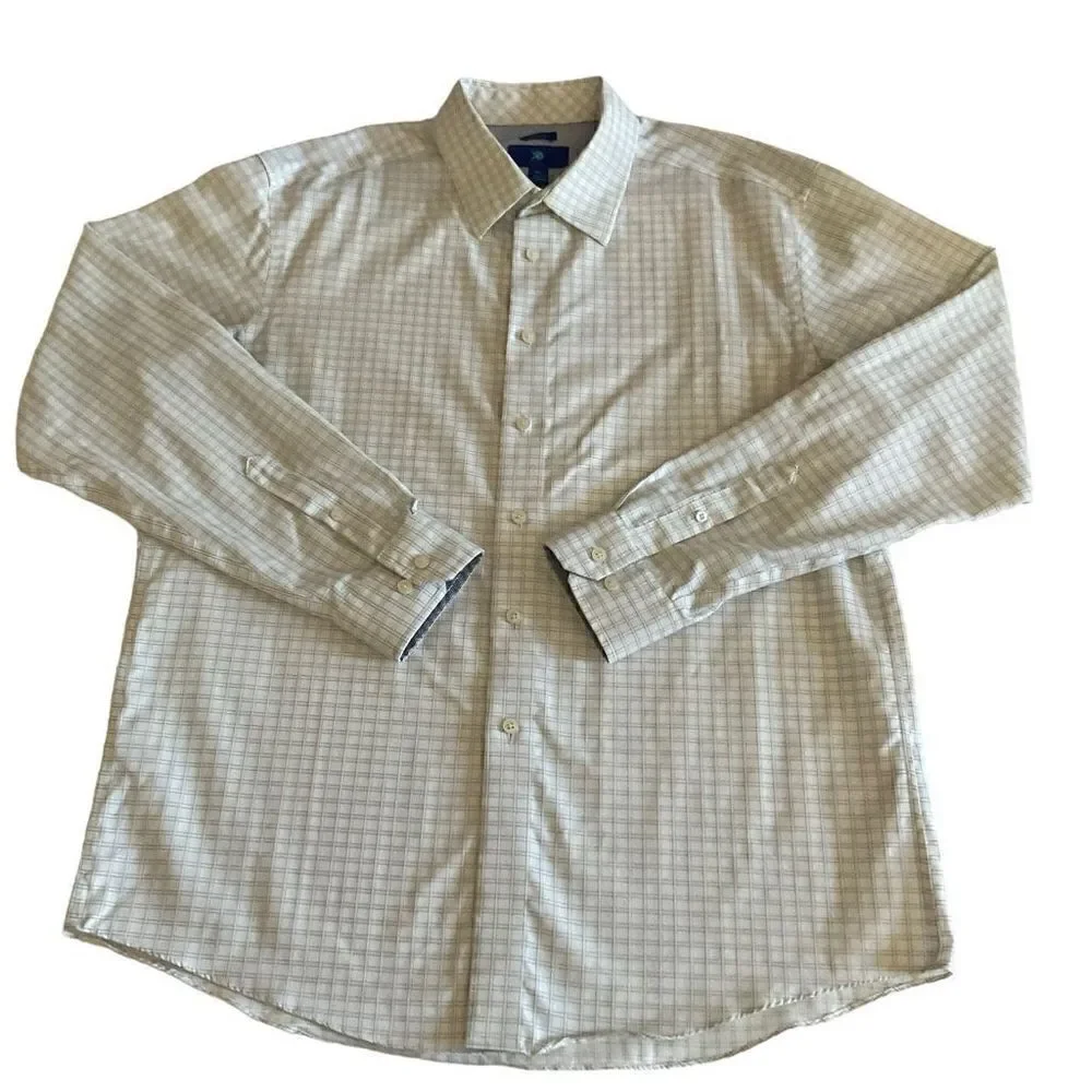 Egara Shirt Mens Button Down Cotton White Blue Square Print Non Iron Men Size XL